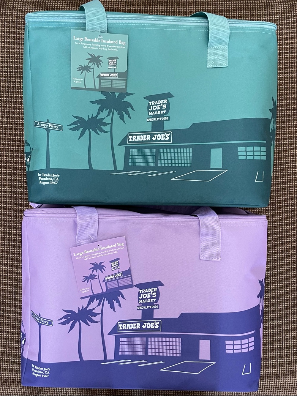 Trader Joe’s 2 qty Large Reusable Insulated Tote Bags - Lavender and Teal Blue